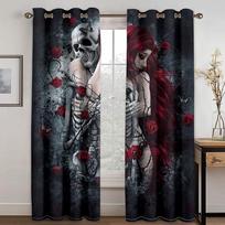 Scary Throne Skeleton Halloween Skull Shading Window Curtain for Living Room 2Pieces Kids Bedroom Children Bathroom Decor Hooks W50 X H130(CM)X2&Hook