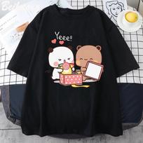 Panda Bear Cute T Shirt for Women Bubu Dudu Couple Short Sleeved 100% Cotton Kawaii Print 2022 Summer Anime Korean Tops Harajuku Unisex T-shirt L