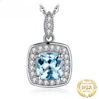 New Natural Sky Blue Topaz 925 Sterling Silver Halo Pendant Necklace for Women No Chain