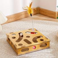 Interaktyvi katės žaislų dėžutė su suktuku, viliokliu ir mediniu žaislu savižaidžiams Self-pleasure Toy Box beige