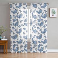 Vintage Boho Mandala Pattern Cashew Flower Window Curtains Sheer Chiffon Tulle Curtain Home Living Room Backdrop Decoration 135W x 114H(cm) white