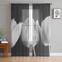 Tulpės gėlių juodos ir baltos spalvos Šiuolaikinės tiulio užuolaidos, skirtos svetainei miegamajam namų virtuvės langui permatomos užuolaidos 135W x 114H(cm) black