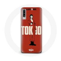 Coque pour Samsung Galaxy A70 La casa de papel Tokyo Fanart logo Fond Rouge raudona