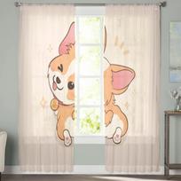 Cute Corgi Cartoon Sheer Curtains Bedroom Voile Curtain Living Room Window Sheer Curtains Kitchen Tulle Drapes 135W x 114H(cm) white