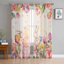 Easter Tulips Rabbit Watercolor Tulle Curtains For Living Room Sheer Curtain For Bedroom Kitchen Blinds Voile Curtains 135W x 114H(cm) white