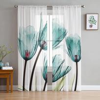 Pastoral Tulip Flower Teal Green Tulle Curtains For Living Room Chiffon Voile Sheer Window Curtain For Bedroom 135W x 114H(cm) white