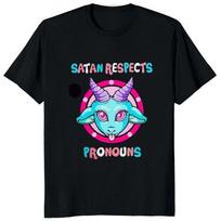 Gothic Baphomet Goat Kawaii T Shirt Satan Respects Pronouns Printed Women Tshirt Atheist Halloween Tops Satan Demon Ghost Tees L