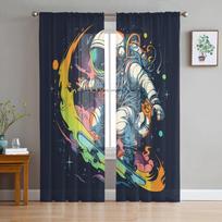 Sporty Astronaut Skateboard Sheer Curtains For Living Room Kitchen Window Curtains Bedroom Tulle Voile Curtains 135W x 114H(cm) gray