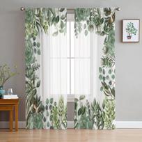Leaves And Succulent Watercolor Style Sheer Curtains For Living Room Kids Bedroom Tulle Curtains Kitchen Window Treatment Drapes 135W x 114H(cm)