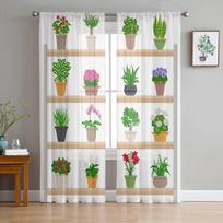 Potted Cactus Shelf Tulle Curtains for Living Room Bedroom Sheer Curtain for Balcony Hall Fashion Printed Home Drapes 135W x 114H(cm)