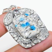 Natural K2 Blue Azurite, White Topaz 925 Sterling Silver Pendant 2.17  f9d19