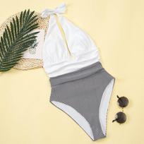 One-piece Striped Stitching Bikini Push Up Swimwear Women Striped Swimwear Female Patchwork Bodysuit Bathing Suit XL balta