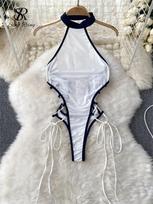 Women Sexy Halter Playsuits Fashion Drawstring Lace Up Design Transparent Bodysuits Slim Hollow Out Summer Rompers One Size balta