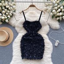 Dopamine Pure Desire Gyaru Sle Sling Dress Women Sequined Plush  Design Sense Light Luxury Sheath Short dress S juoda