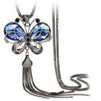 Women's Butterfly Pendant Tassels Rhinestone Long Sweater Chain Necklace Jewelry gray