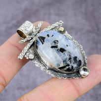 Natural Black Rutile, Topaz Handmade 925 Sterling Silver Pendant 2.37  P9y62