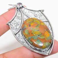 Natural Bamboo Jasper, White Topaz 925 Sterling Silver Pendant 2.96  I1A07