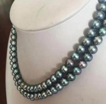 2 rows9-10MM round silver grey pearl necklace17 18