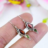 Natural Garnet, Peridot Gemstone 925 Solid Sterling Silver Earring 1.5  e1H70 gray
