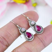 Red Ruby(Simulated),Opal Handmade 925 Sterling Silver Jewelry Earring 1.5  o3m90