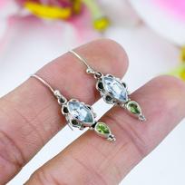 Natural Blue Topaz, Peridot Gemstone 925 Solid Sterling Silver Earring 1.5  N4R11