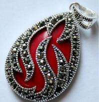 VINTAGE 925 STERLING SILVER INLAY IMITATION RED CORAL MARCASITE PENDANT 30x20mm