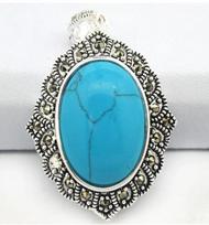 925 STERLING SILVER MIRROR SHAPE OVAL BLUE Turquoise MARCASITE PENDANT 27*43mm