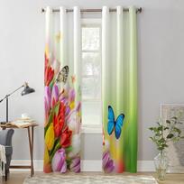 Bouquet Tulips Flowers With Butterfliers Window Curtains For Living Room Luxury Bedroom Decor Drapes Kitchen Window Treatments 135W x 60H(cm) x1 beige