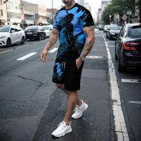 Summer men's casual 3D knife printed T-shirt set fashionable  creative O-neck T-shirt+shorts outdoor trendy sportswear S