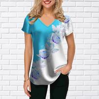 Women's V-Neck Short Sleeve Sunflower Grey White Begonia Flower Printed Tops Loose T-Shirt Casual Blouse XS mėlyna