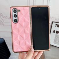 For Samsung Galaxy Z Fold 6 5 4 3 5G Case Luxury Plaid Leather Electroplated Folding Shockproof Protection Hard Cover Accessories Galaxy Z Fold 3 rožinė