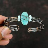 Amazonite And Blue Chalcedony Beads Bracelet Copper Wire Wrapped Jewelry Adjustable Cuff Bracelet Handmade Gemstone Bangle Christmas Gifts
