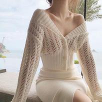 Fashion Hollow Out Short Cardigan Sweater Women V-neck Knitted Cardigans Women Tops Autumn Winter Long Sleeve Casual Sweaters Women 29220 One Size balta