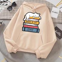 White Cat Sleeping On A Pile Of Books Hooded Women Street Crewneck Hoodies Autumn Oversize Sweatshirt Casual Warm Clothes S