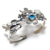 Rainbow Moonstone, Topaz Gemstone 925 Sterling Silver Cuff Bangle Adj. v6D39