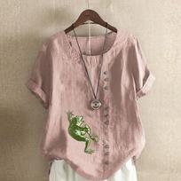 Women's Fashion Frog Prined Short Leeve T-shirt Loose Cotton Shirt Casual Loose Summer Blouse Tops Plus Size S rožinė