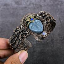 Natural Cameo, Topaz Gemstone Copper Wire Wrap Cuff Bangle Adjustable u3c58