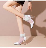 Mesh Short Boots with Pointed Rhinestones Tassels High Heels Cool Boots Casual Fashion, High-heeled Sandals Instagram Trendy 40 juoda