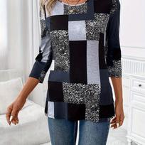 Vibrant Color Block Crew Neck Long Sleeve T-Shirt - Soft Spring Fall  Women's Casual Fashion Clothing Everyday Wear S