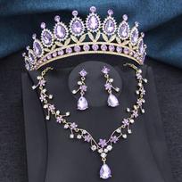 Water drop Crystal Bridal Jewelry Sets for Women 3Pcs Set Tiaras and Necklace Earrings Wedding Crown Brides Jewelry Accessories gray