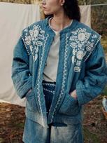 Autumn Korean Chic Retro Embroidery Cardigan Jacket Women Loose Round Neck Long Sleeve Coat New Warm Pocket Women High Street Pocket Clothing S mėlyna