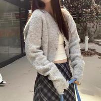 Autumn Fashion Solid Casual Knitted Sweater Women Winter Clothing Long Sleeve Women Short Sweater Cardigan Female Elegant Warm Vintage Knitwears 24848 One Size pilka spalva