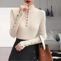 Fashion Long Sleeve Solid Casual Knitted Sweater Women Slim Fit Autumn and Winter Half High Collar Pullover Women's Sweaters Elegant Knitwears 24878 One Size abrikosas