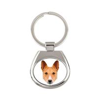 Basendžis, Afrikos krūmų šuo, Kongo šuo - geometrinis raktų pakabukas su nuotrauka ir užrašu Art-Dog balta