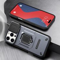 KEYSION Shockproof Armor Case for iPhone 16 Pro Max Slide Push Pull Camera Protection Ring Stand Phone Cover for iPhone 16 Plus for iPhone 16 pilka spalva