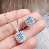 Set Perhiasan Pengantin Topaz Biru untuk Wanita 925 Perak Murni Cincin Liontin Kalung Wanita Perhiasan Pernikahan Pertunangan 45cm