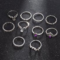 10 Pcs /Set Retro Crystal Drill Crown Knuckle Rings Fashion Jewelry Women Charm Ring gray