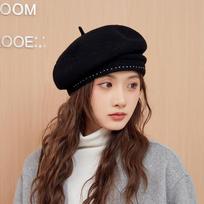 Winter Hat Women Beret Elastic Knit Solid Color Soft Warm Thick Windproof Decorative French Artist Painter Vintage Elegant C One Size juoda