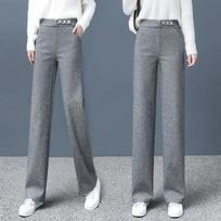 Women Casual Woolen Baggy Wide Leg Pants Korean Fashion Elastic High Waist Straight Pantalones Formal Loose XXXXL pilka