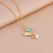 New Fashion Versatile Ultra Fire Color Dopamine Tassel Pearl Butterfly Pendant Titanium Steel Necklace Women's Clavicle Chain beige